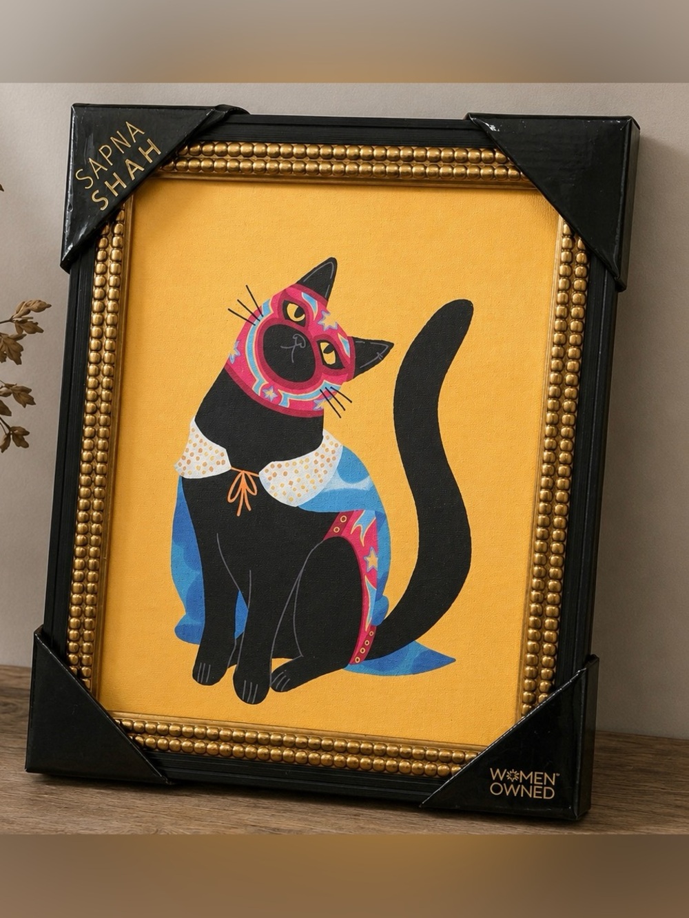 SAPNA SHAH Colorful Cat with Cape and Mask Art Print viral